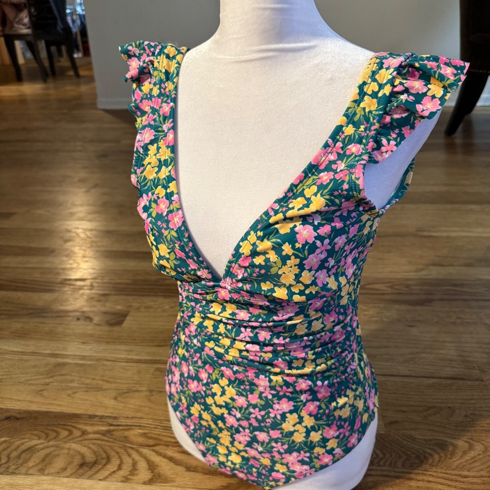 Floral Ruffle V-Neck One Piece Swimsuit Teal Pink Yellow Ruched Low Back small